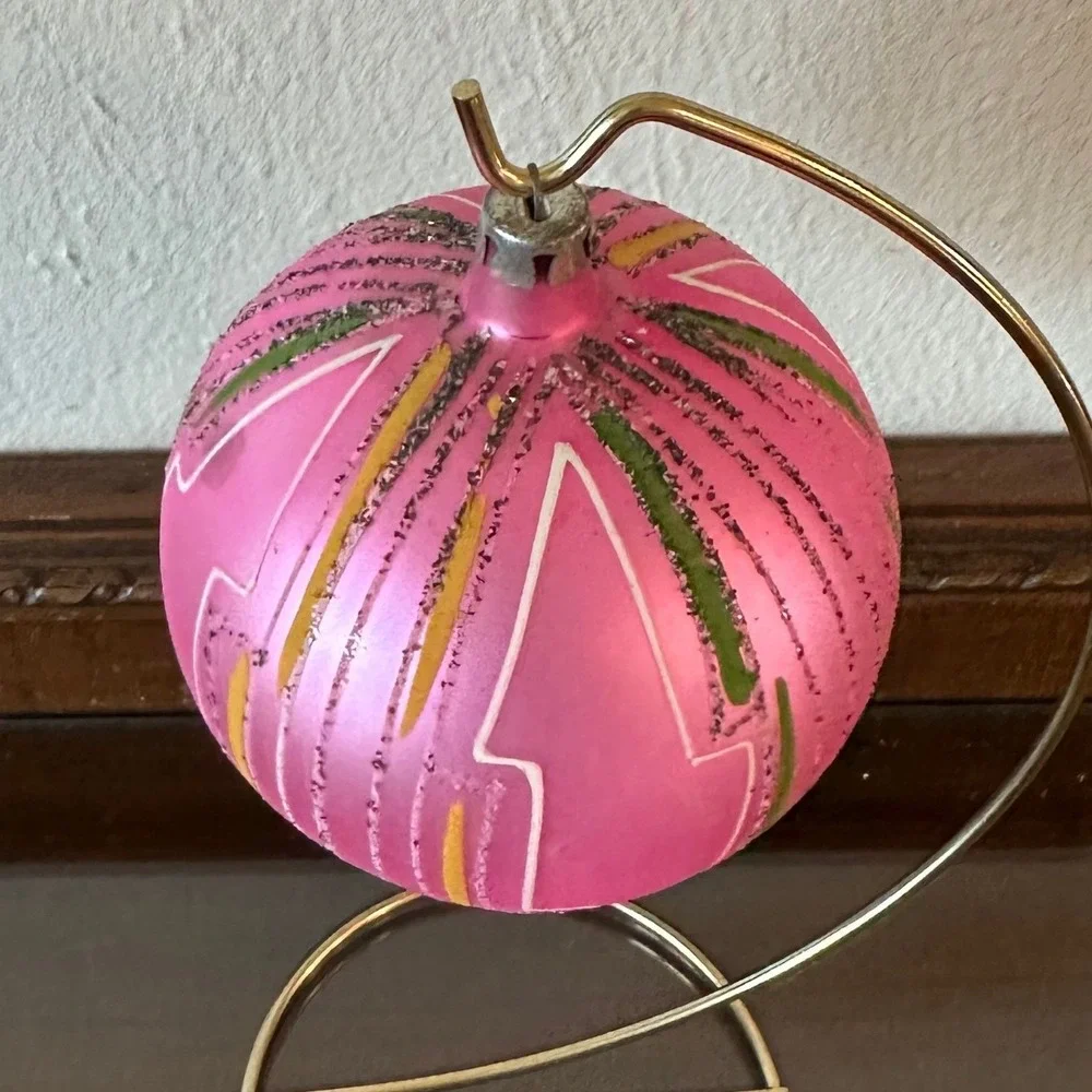 Vtg Poland Jumbo 4'' Polish Mica Ornament Pink Glass Christmas Ball MCM